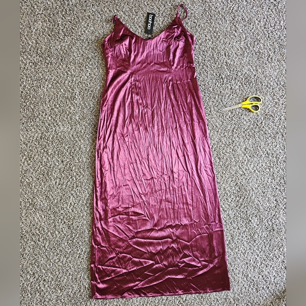 Boohoo Satin Slip Dress in Deep Berry